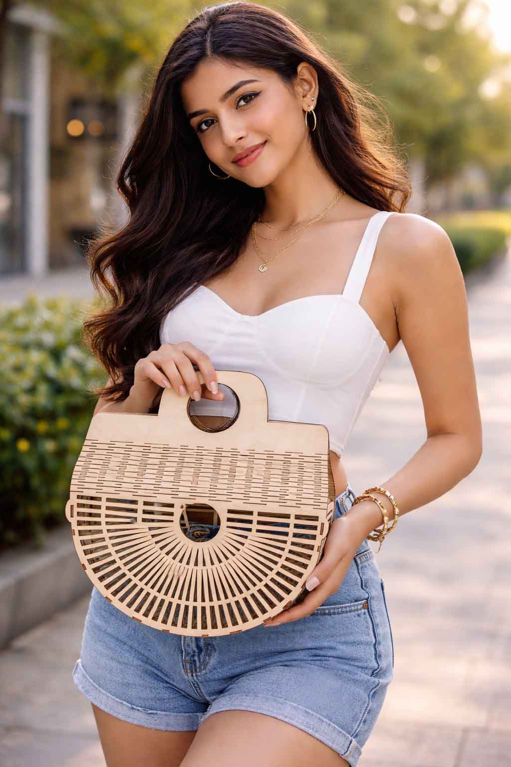 Woman with Wooden Hand Bag Lasercutting in Gurgaon