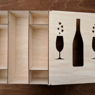 laser cut wood drink bottle box with glass