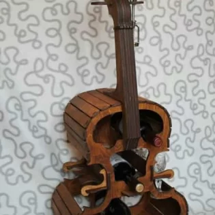 wooden minibar in guitar shape wall mounted bottle rack