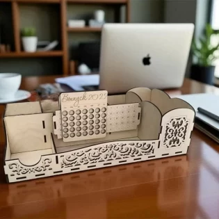 Wooden office desk organizer with calendar