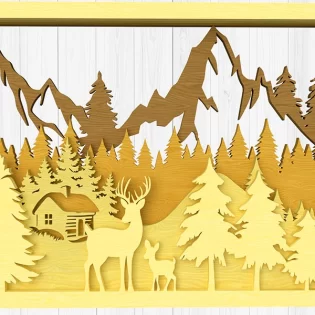 laser-cut-wall-art-frame-deer-family-with-mountains-and-tree