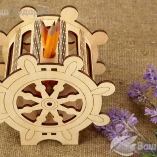 laser cut ship wheel nautical pen holder