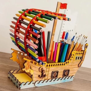 laser cut wooden ship pencil holder desk organizer