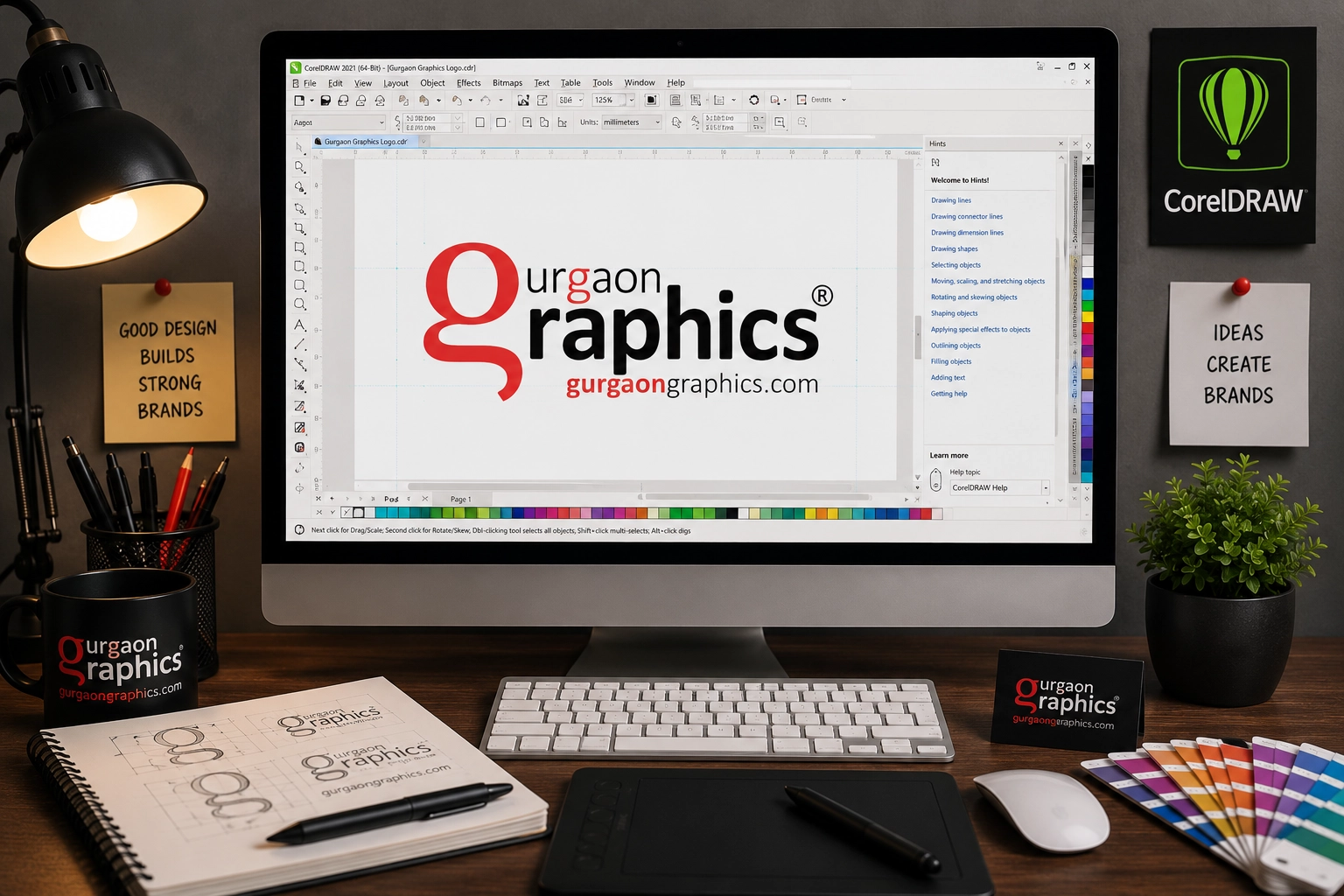 Modern designer workspace with logo design WEB