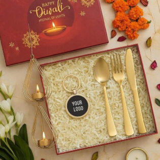Diwali cutlery gift set with gold spoon, fork, knife and keychain in premium festive gift box