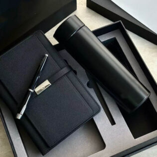 premium corporate gift set with diary pen and insulated water bottle in black gift box