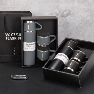 Corporate vacuum flask gift set with stainless steel bottle and mugs in premium gift box