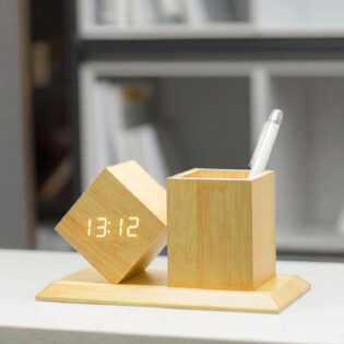 Wooden alarm clock pen holder