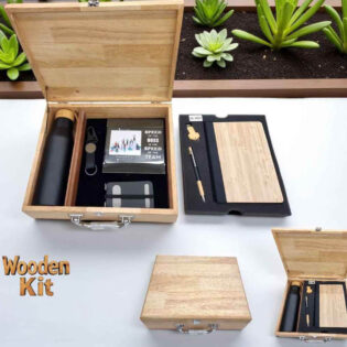 wooden corporate gift set with notebook bottle pen card holder and keychain