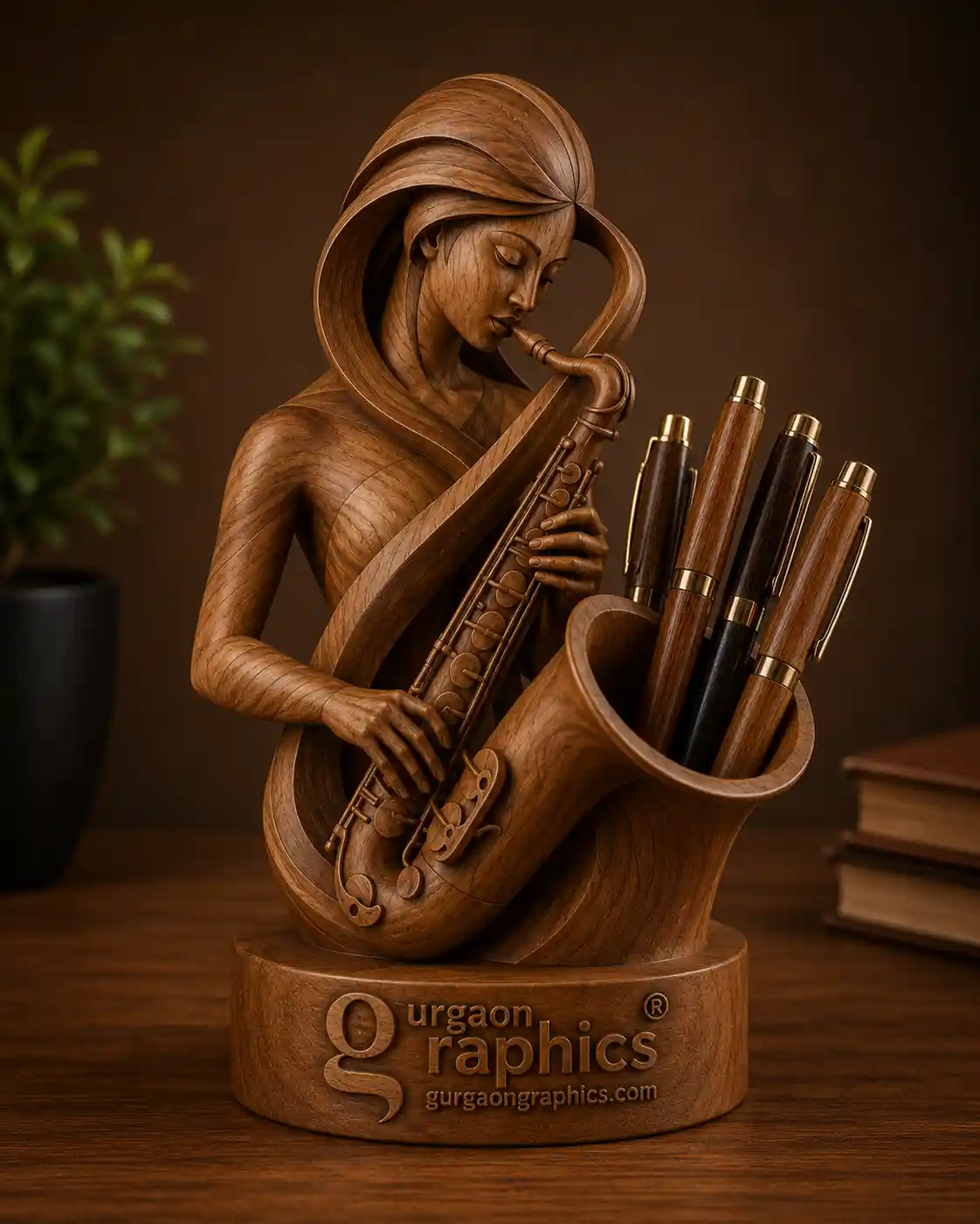 Premium wooden pen stand with custom logo engraving by Gurgaon Graphics – a stylish and practical corporate gifting solution.