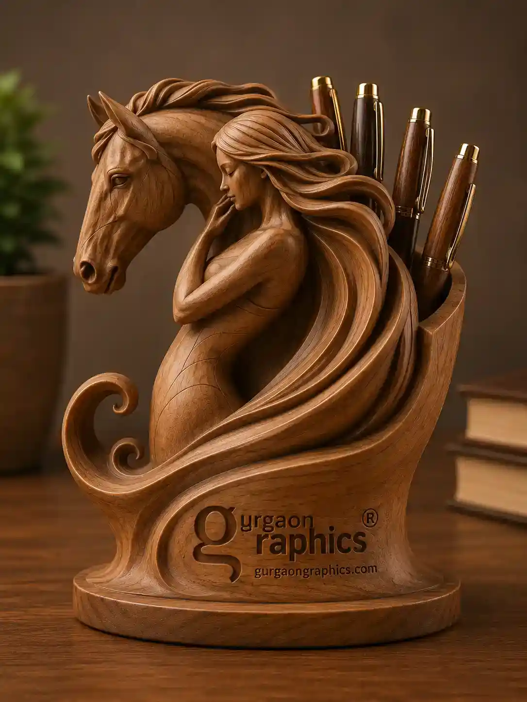 Premium wooden pen stand with custom logo engraving by Gurgaon Graphics – a stylish and practical corporate gifting solution.