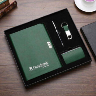 executive green notebook gift set with pen keychain and card holder for corporate gifting