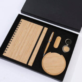 bamboo notebook gift set with pen keychain coaster and usb drive