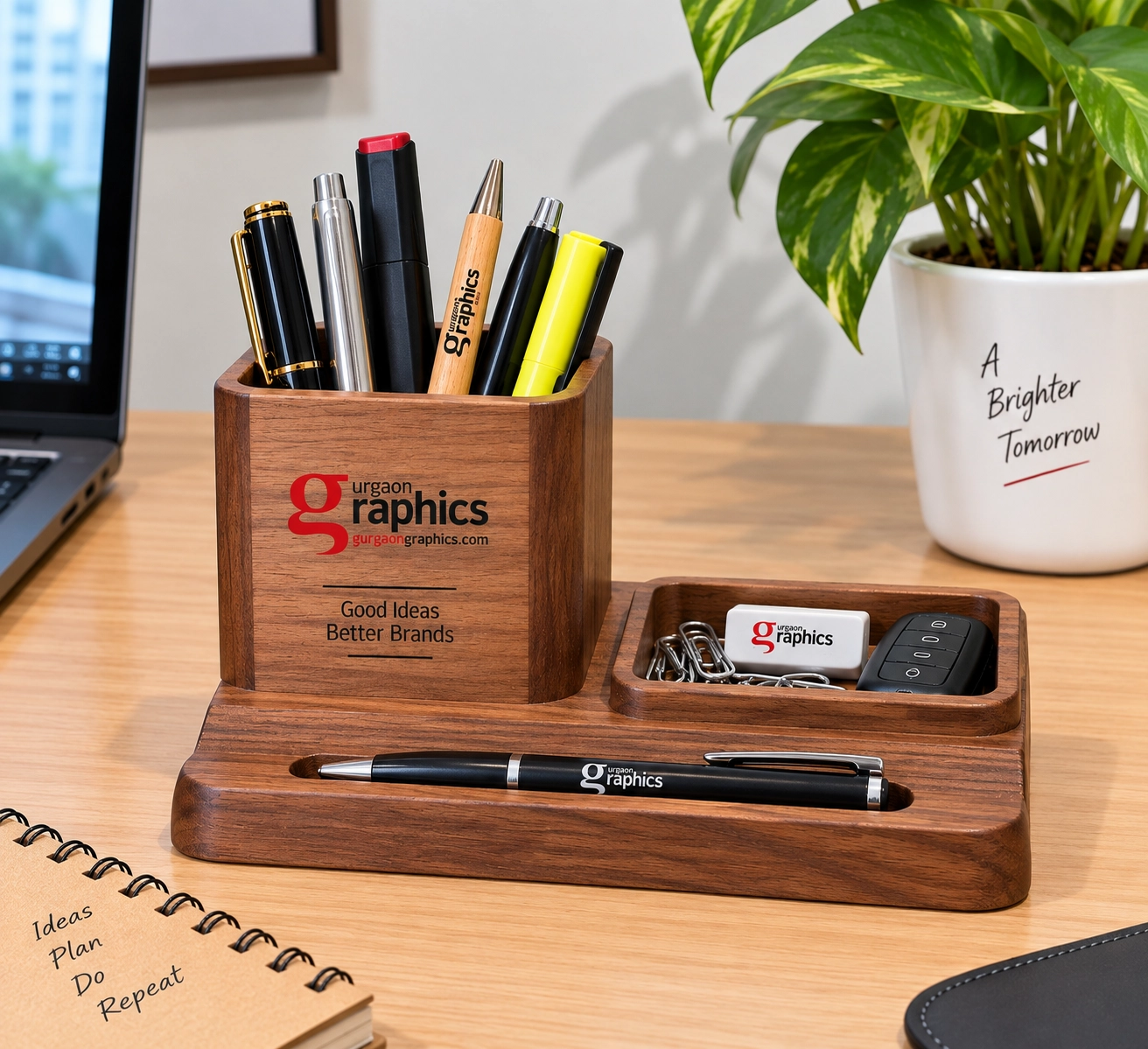 Wooden pen stand with company logo