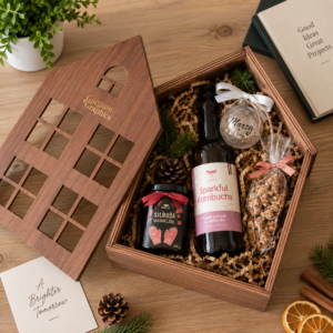 Wooden corporate gift hamper box with customized products