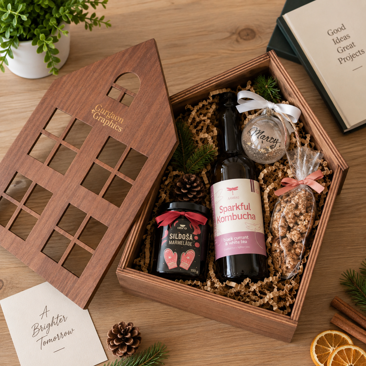 Wooden corporate gift hamper box with customized products