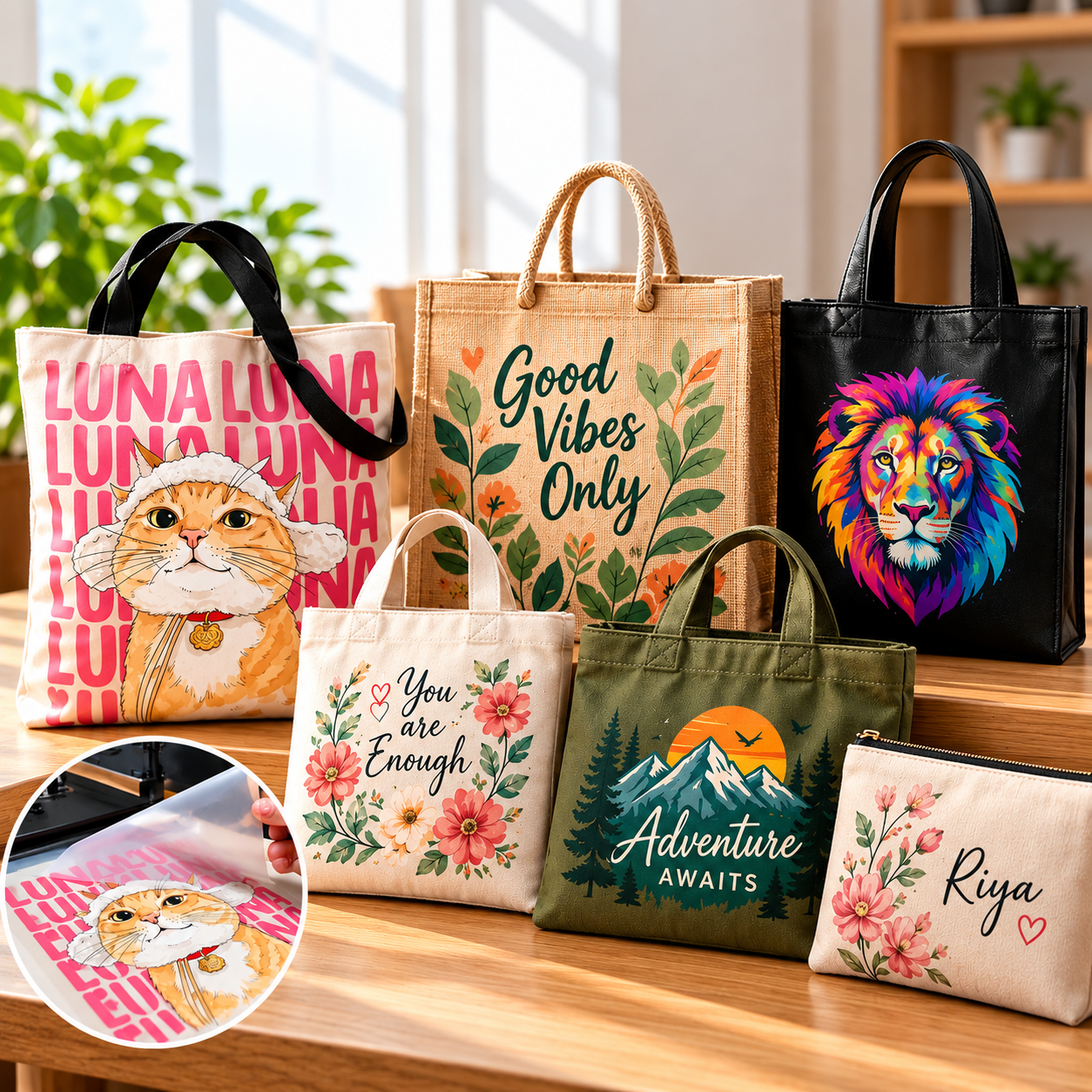 Custom DTF printing on tote bags, jute bags and canvas bags