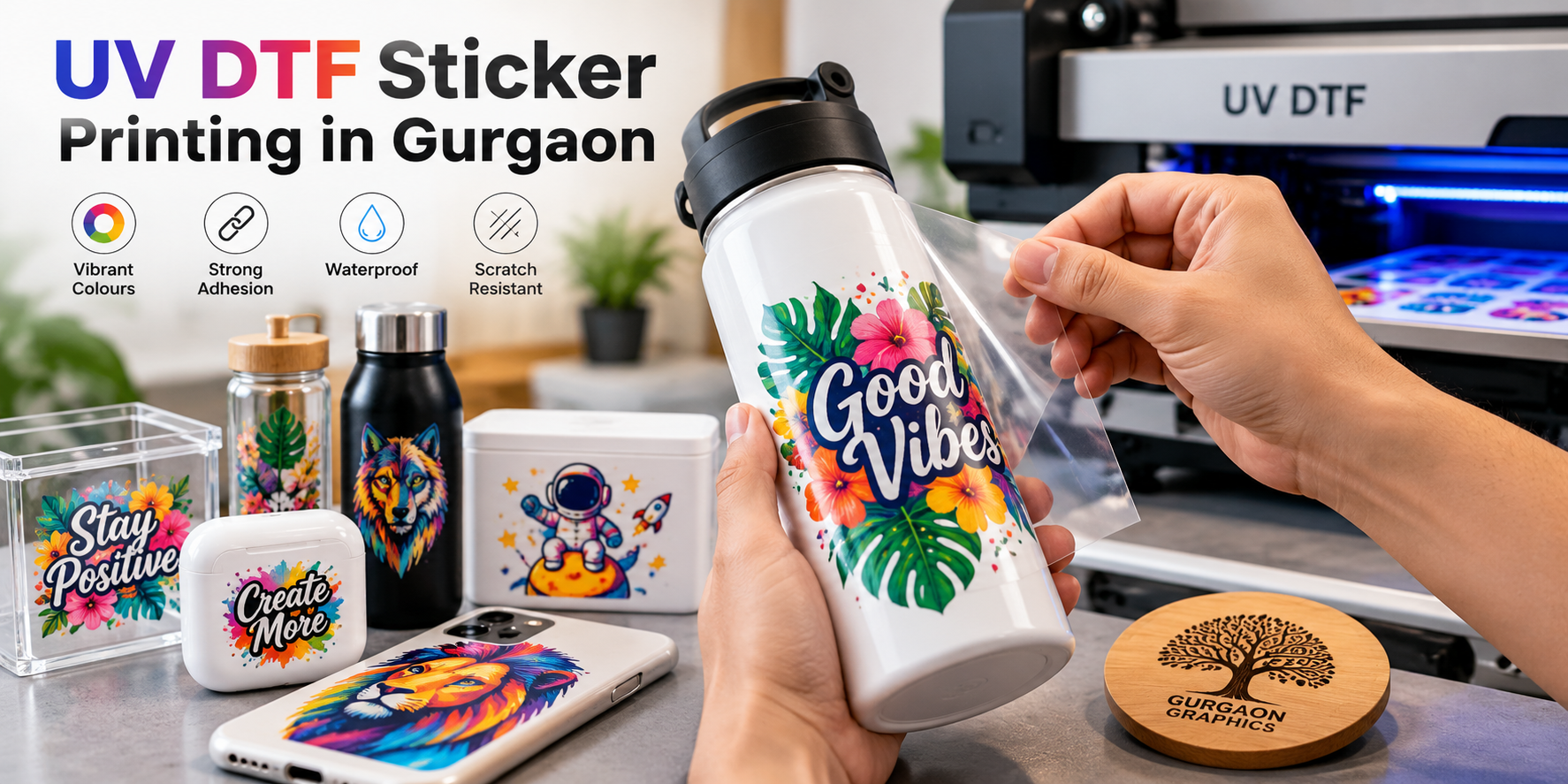 UV DTF sticker printing on bottles and promotional products in Gurgaon